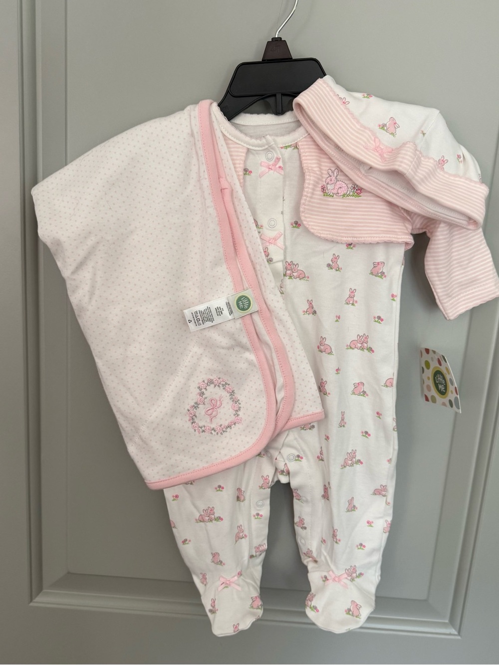 NWT Little Me Pink Striped Baby Three-Piece Set with Floral & Bunny Accents
